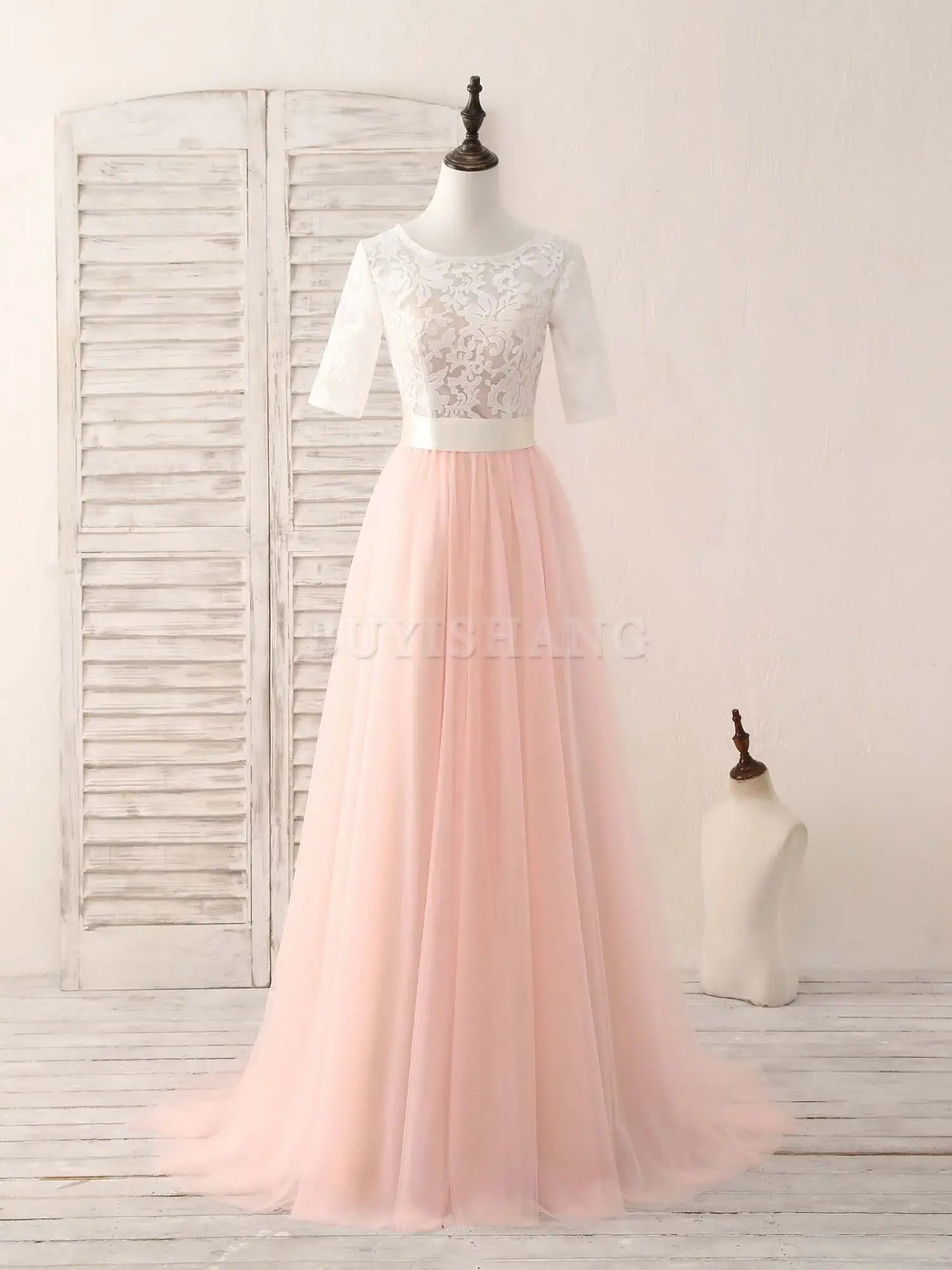 Buyishang Pink Tulle Lace Long Prom Dress Pink Bridesmaid Dress Bridesmaid dress shop